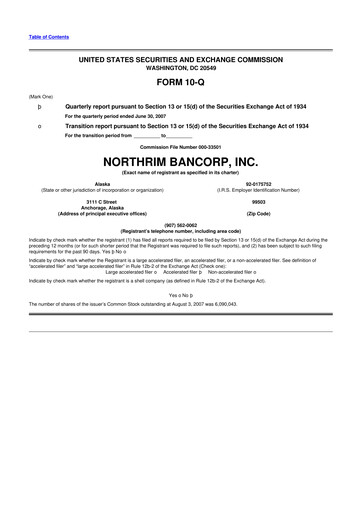 Thumbnail Northrim BanCorp 10-Q Quarterly Report FY 