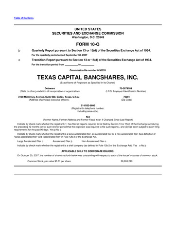 Thumbnail Texas Capital Bancshares 10-Q Quarterly Report FY 