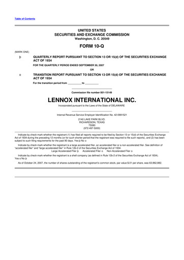 Thumbnail Lennox 10-Q Quarterly Report FY 