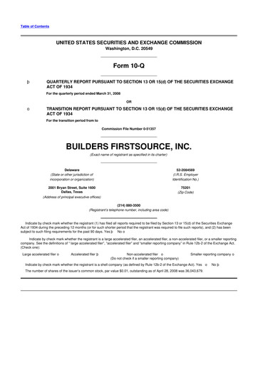 Thumbnail Builders FirstSource
 10-Q Quarterly Report FY 