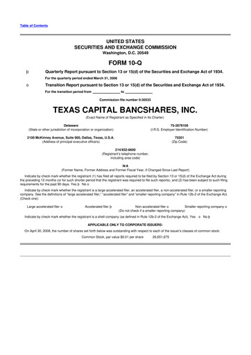 Thumbnail Texas Capital Bancshares 10-Q Quarterly Report FY 