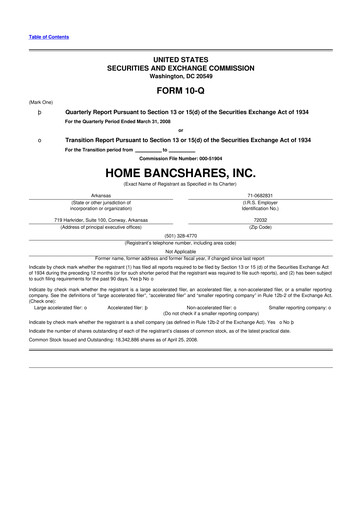 Thumbnail Home BancShares
 10-Q Quarterly Report FY 