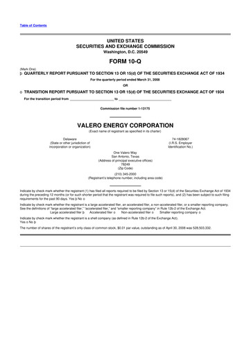 Thumbnail Valero Energy 10-Q Quarterly Report FY 