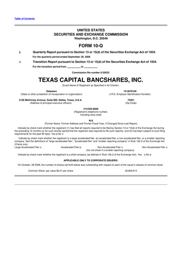 Thumbnail Texas Capital Bancshares 10-Q Quarterly Report FY 