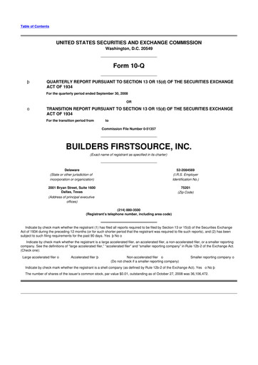 Thumbnail Builders FirstSource
 10-Q Quarterly Report FY 