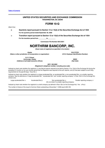 Thumbnail Northrim BanCorp 10-Q Quarterly Report FY 