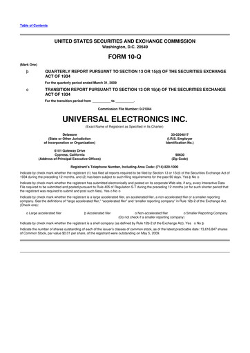 Miniature Universal Electronics 10-Q Rapport trimestriel  