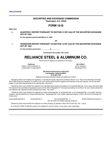 Thumbnail Reliance


 10-Q Quarterly Report FY 