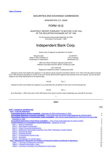 Thumbnail Independent Bank Corp. 10-Q Quarterly Report FY 