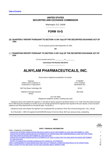 Thumbnail Alnylam Pharmaceuticals
 10-Q Quarterly Report FY 