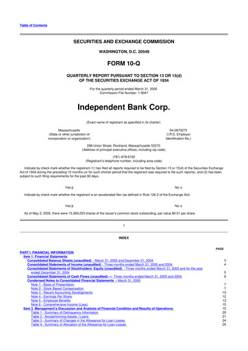 Thumbnail Independent Bank Corp. 10-Q Quarterly Report FY 
