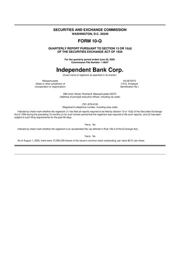 Thumbnail Independent Bank Corp. 10-Q Quarterly Report FY 
