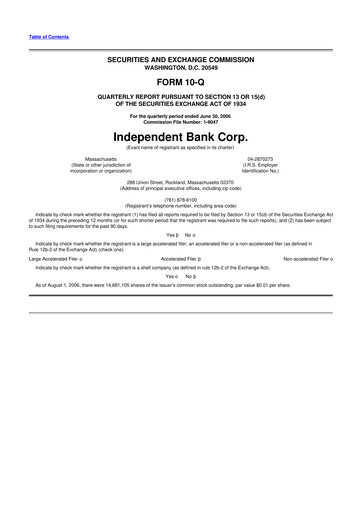 Thumbnail Independent Bank Corp. 10-Q Quarterly Report FY 