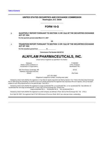 Thumbnail Alnylam Pharmaceuticals
 10-Q Quarterly Report FY 