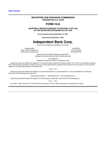 Thumbnail Independent Bank Corp. 10-Q Quarterly Report FY 
