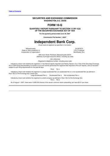 Thumbnail Independent Bank Corp. 10-Q Quarterly Report FY 