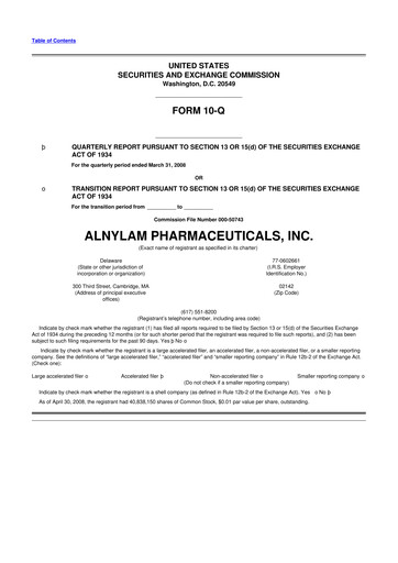 Thumbnail Alnylam Pharmaceuticals
 10-Q Quarterly Report FY 
