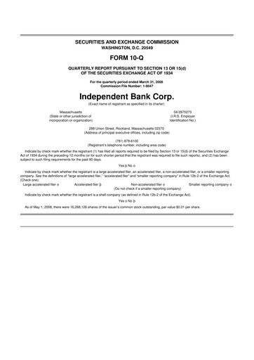 Thumbnail Independent Bank Corp. 10-Q Quarterly Report FY 