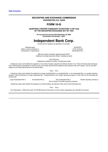 Thumbnail Independent Bank Corp. 10-Q Quarterly Report FY 