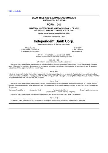 Thumbnail Independent Bank Corp. 10-Q Quarterly Report FY 