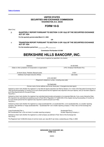 Thumbnail Berkshire Hills Bancorp 10-Q Quarterly Report FY 