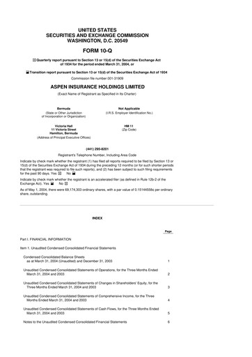 Thumbnail Aspen Insurance 10-Q Quarterly Report FY 