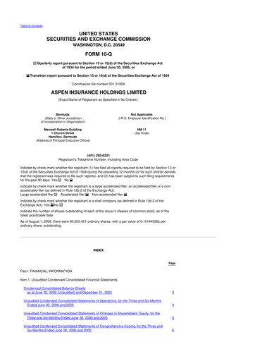 Thumbnail Aspen Insurance 10-Q Quarterly Report FY 