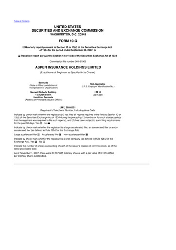 Thumbnail Aspen Insurance 10-Q Quarterly Report FY 