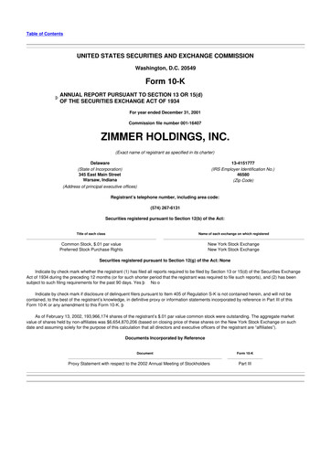 Thumbnail Zimmer Biomet 10-K Annual Report 2001