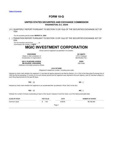 Thumbnail MGIC Investment
 10-Q Quarterly Report FY 