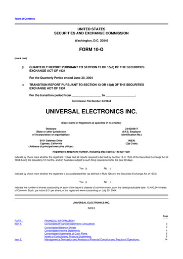 Miniature Universal Electronics 10-Q Rapport trimestriel  