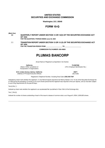 Miniature Plumas Bancorp 10-Q Rapport trimestriel  