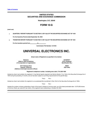 Miniature Universal Electronics 10-Q Rapport trimestriel  