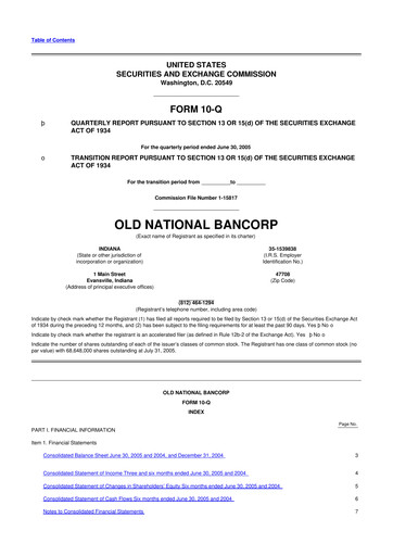 Miniature Old National Bank
 10-Q Rapport trimestriel  