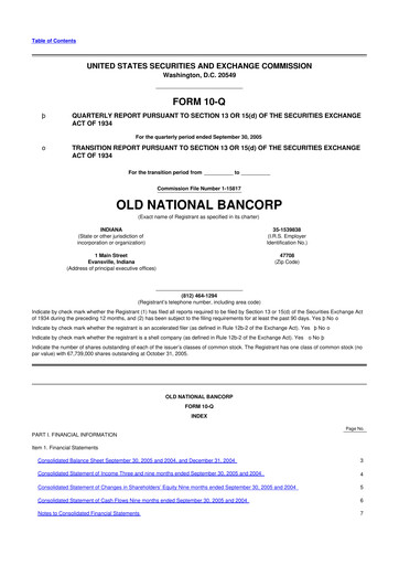 Miniature Old National Bank
 10-Q Rapport trimestriel  