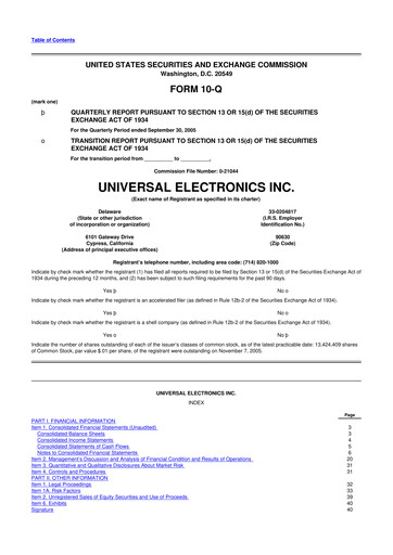 Miniature Universal Electronics 10-Q Rapport trimestriel  