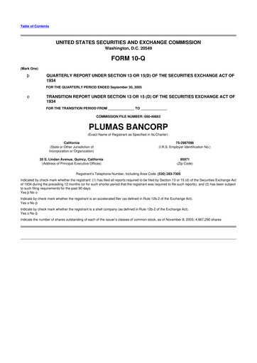 Miniature Plumas Bancorp 10-Q Rapport trimestriel  