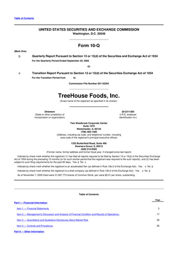 Miniature TreeHouse Foods
 10-Q Rapport trimestriel  