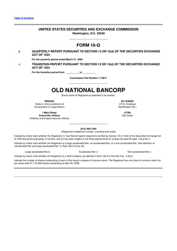 Miniature Old National Bank
 10-Q Rapport trimestriel  
