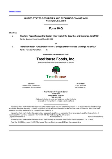 Miniature TreeHouse Foods
 10-Q Rapport trimestriel  