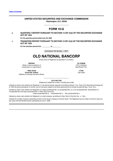 Miniature Old National Bank
 10-Q Rapport trimestriel  