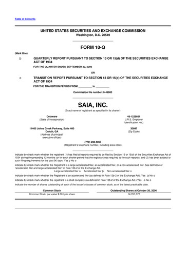 Thumbnail Saia
 10-Q Quarterly Report FY 