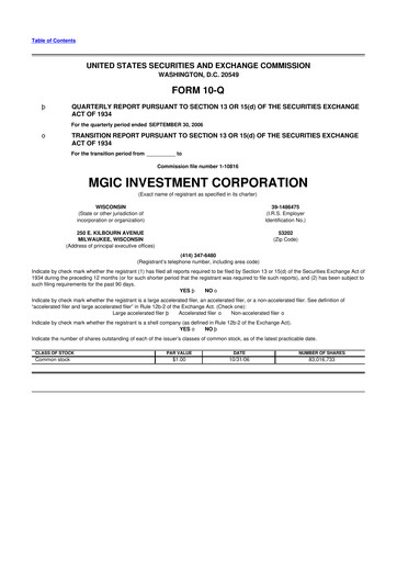 Thumbnail MGIC Investment
 10-Q Quarterly Report FY 