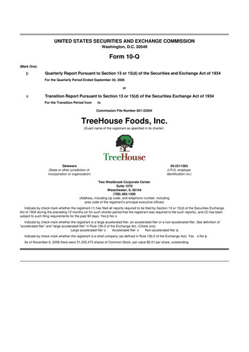 Miniature TreeHouse Foods
 10-Q Rapport trimestriel  
