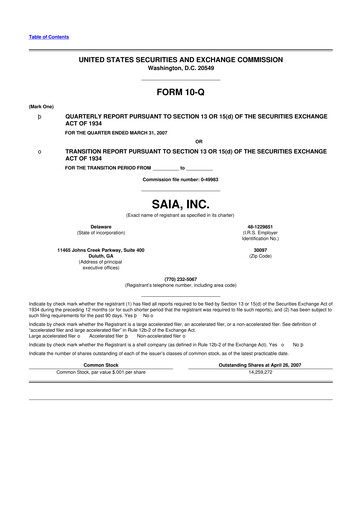 Thumbnail Saia
 10-Q Quarterly Report FY 