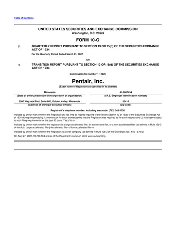 Thumbnail Pentair
 10-Q Quarterly Report FY 