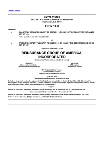 Thumbnail Reinsurance Group of America
 10-Q Quarterly Report FY 