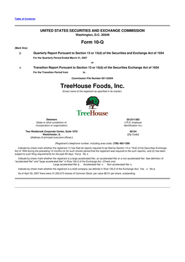 Miniature TreeHouse Foods
 10-Q Rapport trimestriel  