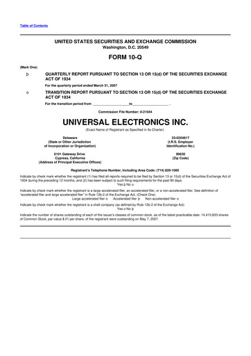 Miniature Universal Electronics 10-Q Rapport trimestriel  