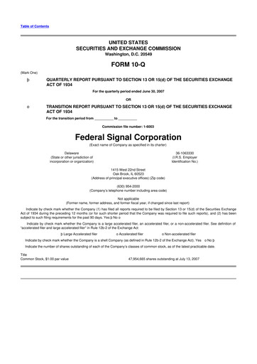 Thumbnail Federal Signal 10-Q Quarterly Report FY 